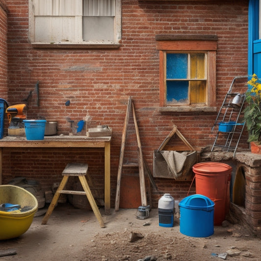 A cluttered exterior wall renovation workspace with a variety of tools scattered around, including a ladder, buckets, trowels, hammers, drills, and a wheelbarrow, surrounded by torn siding and broken bricks.