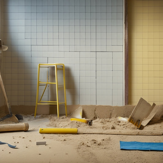 A partially demolished wall with a sledgehammer, tape measure, and scattered blueprints, set against a warm beige background with a faint grid of construction lines.