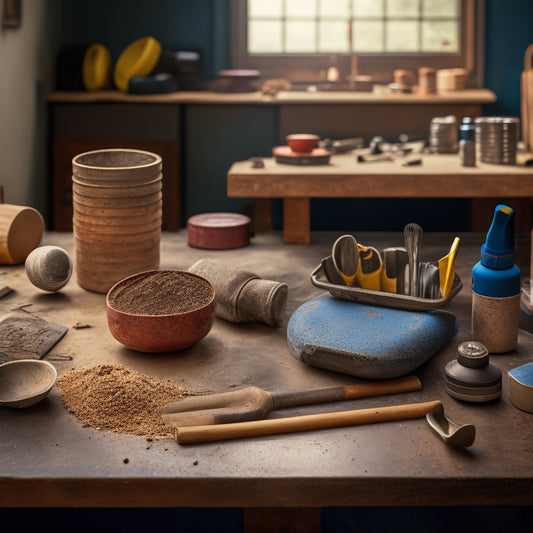 A cluttered home renovation workspace with various tamping tools scattered around, including a rubber mallet, steel tamper, and hand tamper, alongside renovation materials like cement, sand, and bricks.