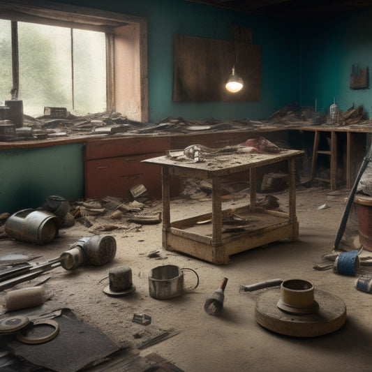 A messy, partially renovated room with various floor grinding tools scattered around, including an angle grinder, floor scraper, and orbital sander, surrounded by dust and debris.