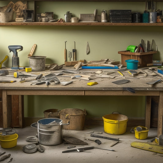 A cluttered workbench with various wall forming tools, including a spirit level, trowel, jointer, and mixing bucket, surrounded by scattered drywall screws and scraps of drywall.
