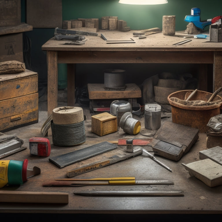 A cluttered workbench with various marking tools laid out, including a tape measure, level, chalk line, carpenter's pencil, and marking gauge, surrounded by cinder blocks and renovation debris.