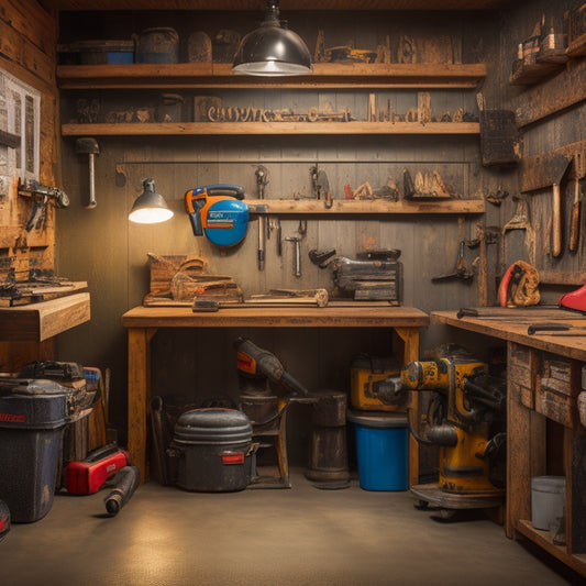 A cluttered garage or workshop with various home renovation tools, including a circular saw, drill press, and impact wrench, arranged on wooden workbenches and metal shelves, with a few tools hanging from pegboards.