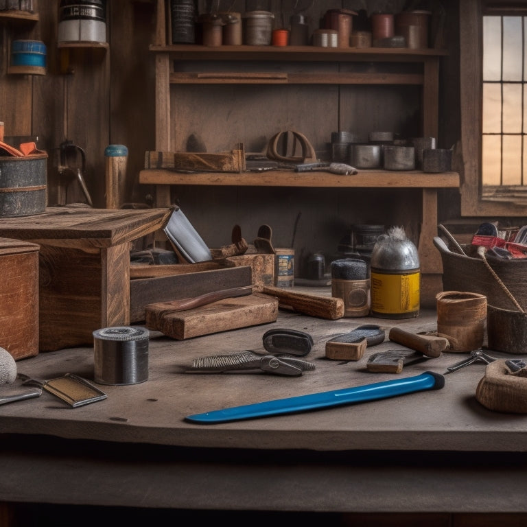 A cluttered, rustic wooden workbench with a variety of tools and materials, including a hammer, level, tape measure, wire cutters, safety goggles, and a partially unwrapped roll of duct tape.