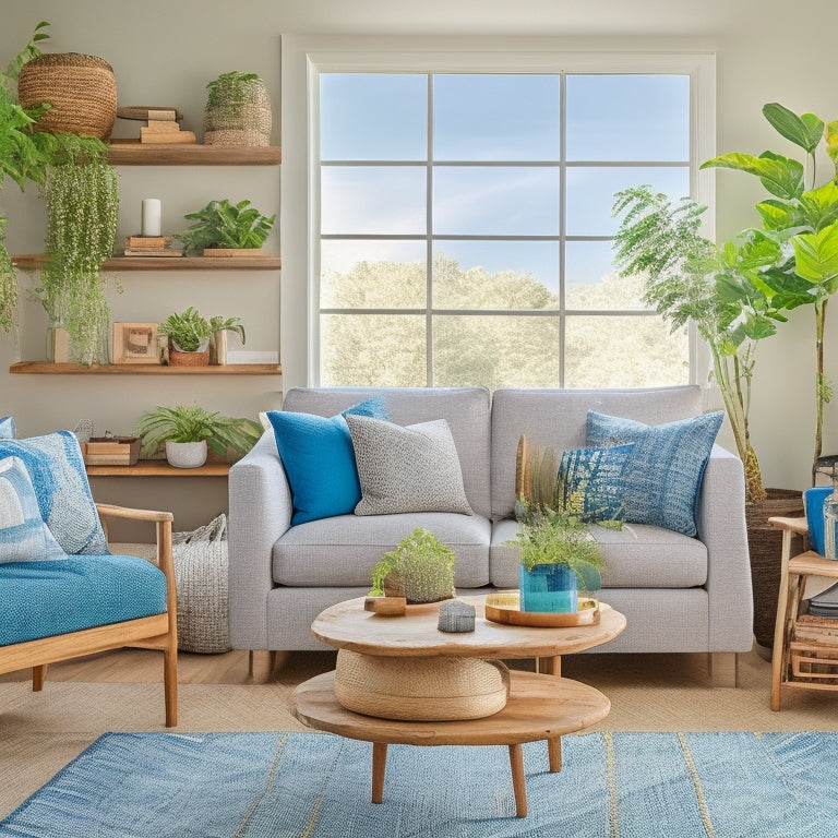 A bright, airy living room with a refreshed aesthetic: new throw pillows, a repainted accent wall, and a DIY shelving unit crafted from reclaimed wood, surrounded by lush greenery.