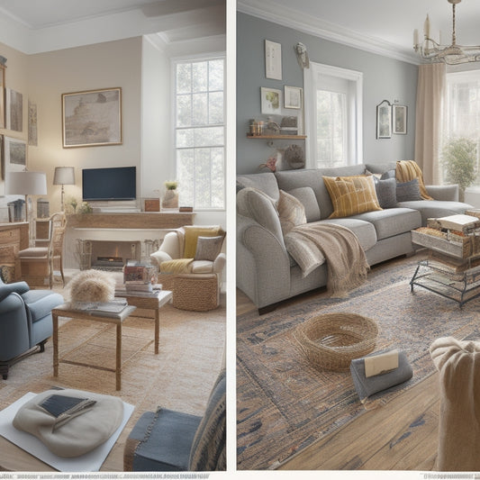 A cluttered living room with renovation plans and materials scattered around, transitioning into a clean and organized space with a calendar, toolbox, and a "before and after" split-screen display on a tablet.