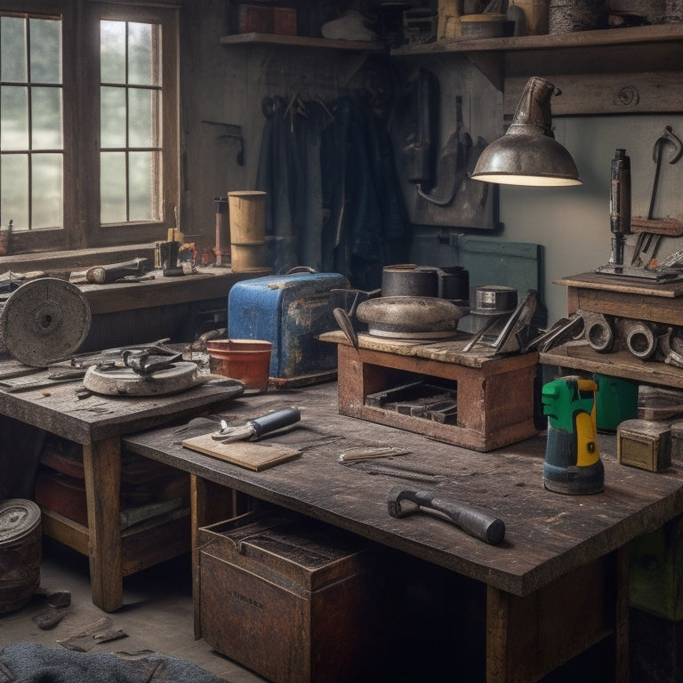 A cluttered workbench with various second-hand tools, including a rusty wrench, a vintage drill, and a refurbished circular saw, surrounded by scattered renovation plans and a faint background of a half-renovated room.