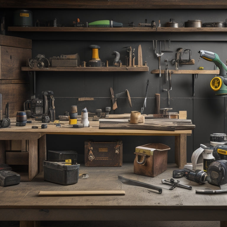 A well-organized workshop with a wooden workbench, surrounded by essential tools like a cordless drill, level, tape measure, and wrench, against a clean, light-gray background.