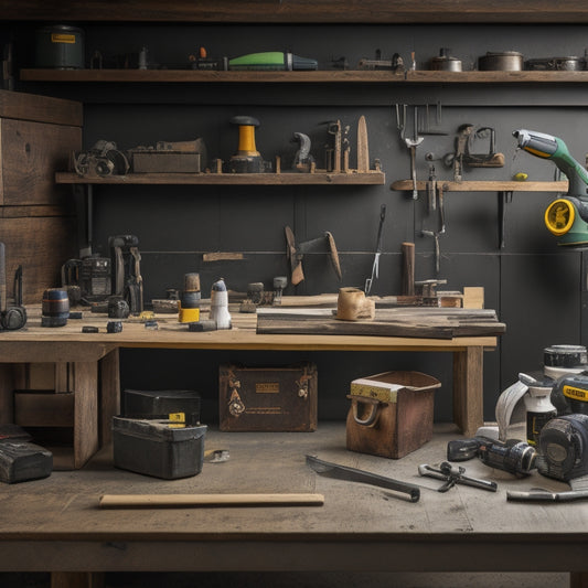 A well-organized workshop with a wooden workbench, surrounded by essential tools like a cordless drill, level, tape measure, and wrench, against a clean, light-gray background.