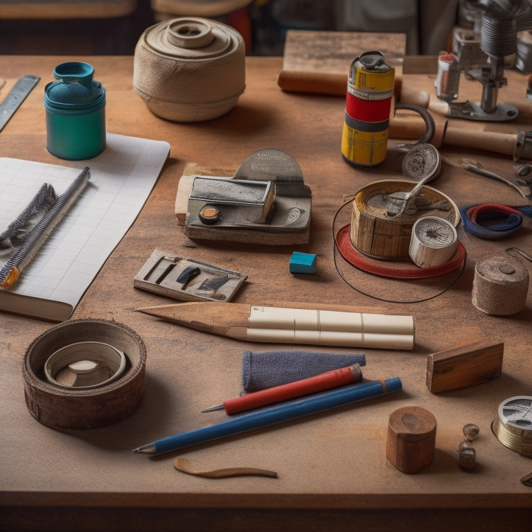 A cluttered workshop table with various measuring tools scattered across it, including a tape measure coiled around a wooden dowel, a level leaning against a worn notebook, and a combination square lying next to a pencil.