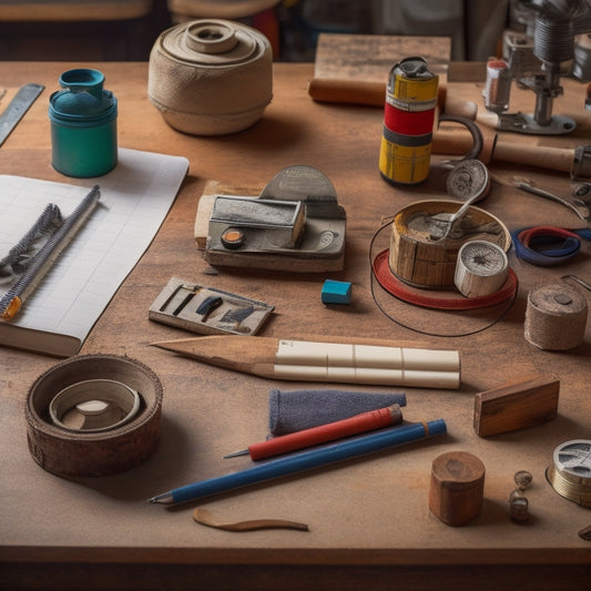 A cluttered workshop table with various measuring tools scattered across it, including a tape measure coiled around a wooden dowel, a level leaning against a worn notebook, and a combination square lying next to a pencil.