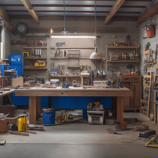 A cluttered block garage with a workbench in the center, surrounded by various DIY tools, including a table saw, impact driver, and level, with a ladder and renovation materials in the background.