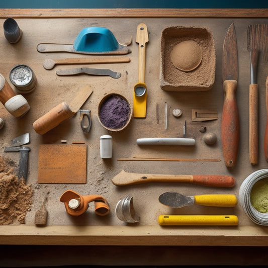 A high-angle view of a well-organized workshop with various DIY plastering tools laid out, including trowels, putty knives, sanders, and buckets of joint compound, against a warm, natural wood background.
