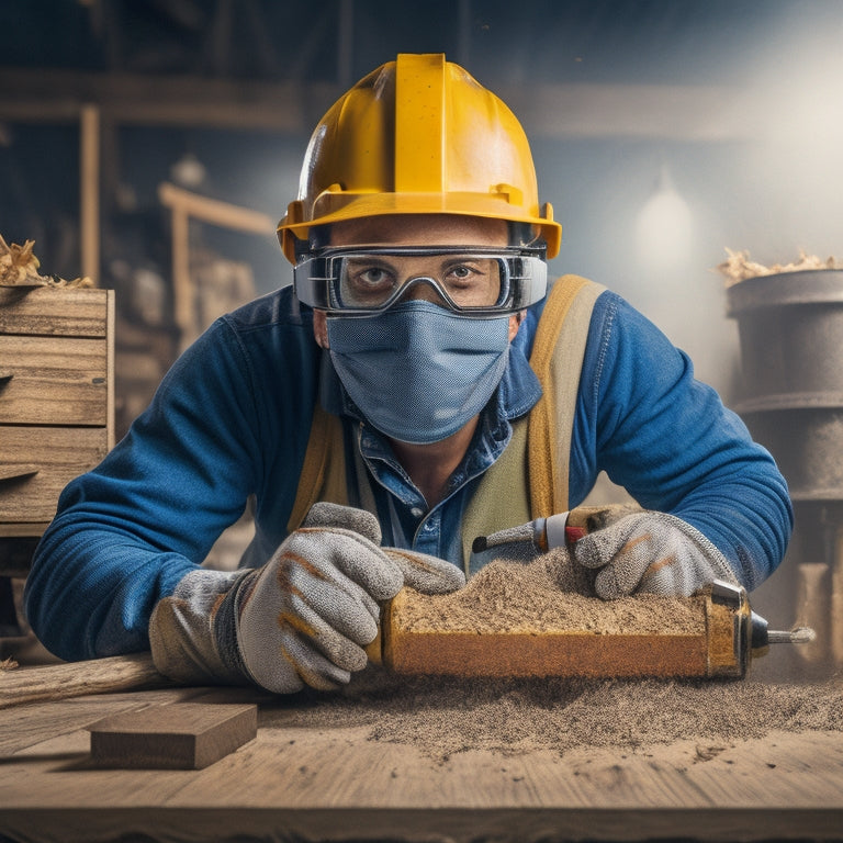 An illustration of a DIY homeowner wearing safety goggles and a dust mask, holding a drill with a worn-out drill bit, surrounded by scattered wood shavings and a toolbox with various drill bits in the background.