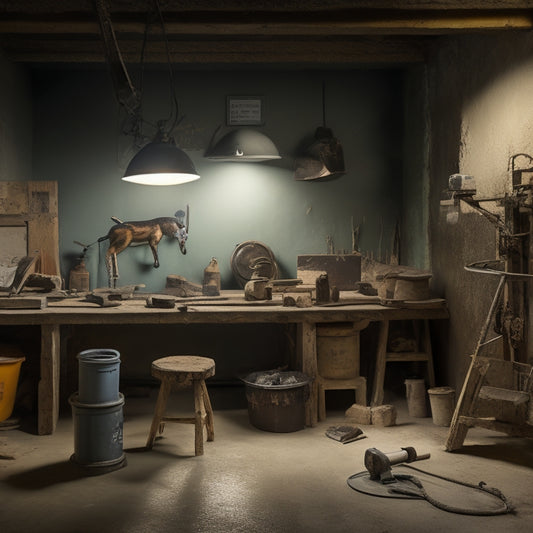 A well-lit workshop with various plastering machines, including a render pump, a plaster mixer, and a hawk and trowel, arranged on a workbench with a partially plastered wall in the background.