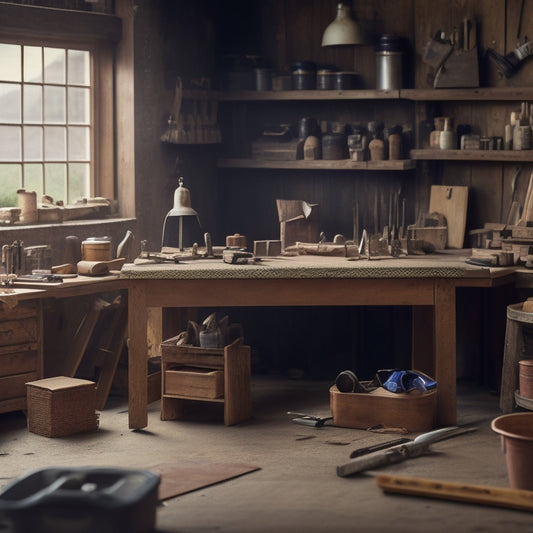 A well-organized workshop with a wooden workbench, neatly arranged renovation tools, and a toolbox in the background, surrounded by a subtle blurred-out renovation site.