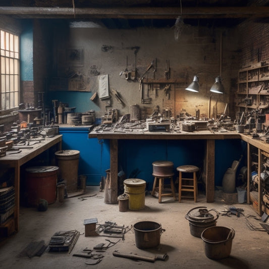 A cluttered workshop with various DIY tools and materials scattered around, a half-renovated room in the background with exposed brick, pipes, and wiring, amidst a sea of blueprints and renovation plans.