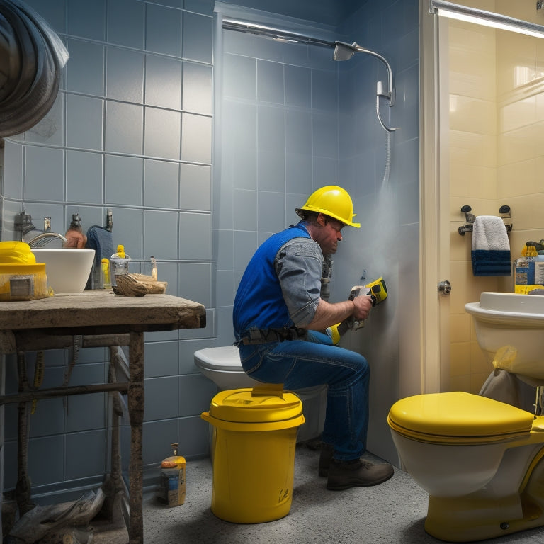 A cluttered small bathroom with caution tape, a hard hat, and a ladder in the background, while a person in the foreground wears a dust mask and holds a power tool.