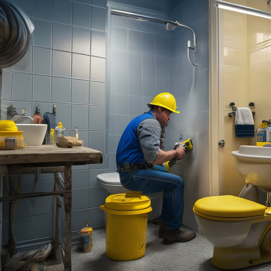 A cluttered small bathroom with caution tape, a hard hat, and a ladder in the background, while a person in the foreground wears a dust mask and holds a power tool.