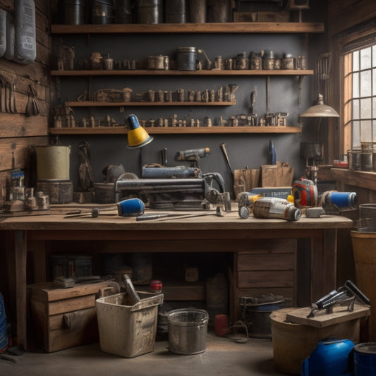 A cluttered but organized workshop with a wooden workbench, surrounded by essential tools like a cordless drill, level, tape measure, hammer, and a bucket of paint cans, set against a warm, natural wood background.