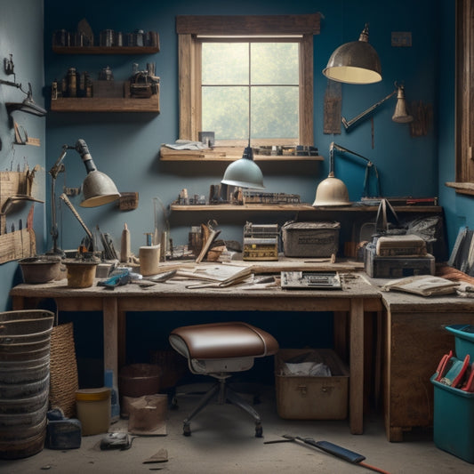 A cluttered but organized workspace with a partially renovated wall in the background, surrounded by essential tools like a putty knife, level, drill, joint compound, and sandpaper.