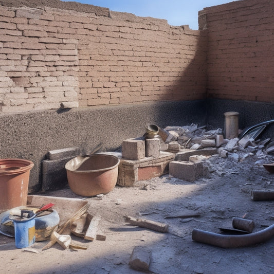 A cracked and worn cinder block wall with crumbling mortar, surrounded by scattered tools, half-demolished walls, and a wheelbarrow filled with rubble, amidst a scattered renovation site.
