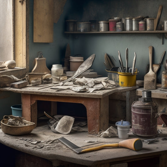 A cluttered workstation with a mix of old and new plastering tools, including a hawk, trowel, joint knife, putty knife, and bucket, surrounded by scattered plaster dust and debris.