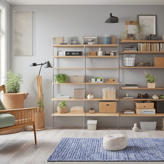 A tidy, modern living room with a built-in shelving unit, labeled storage bins, and a pegboard with hooks, surrounded by renovation tools and materials, with a subtle construction theme in the background.