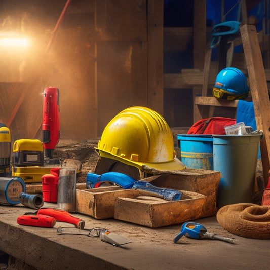 A cluttered construction site with a worn wooden ladder, scattered power tools, and torn drywall, surrounded by various safety gear: hard hats, safety glasses, earplugs, and a first aid kit.
