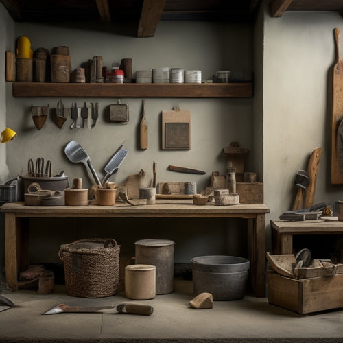 A well-lit, clutter-free workshop with a refurbished plaster wall as the backdrop, featuring a variety of organized tools, including a putty knife, trowel, and sandpaper, on a wooden workbench.