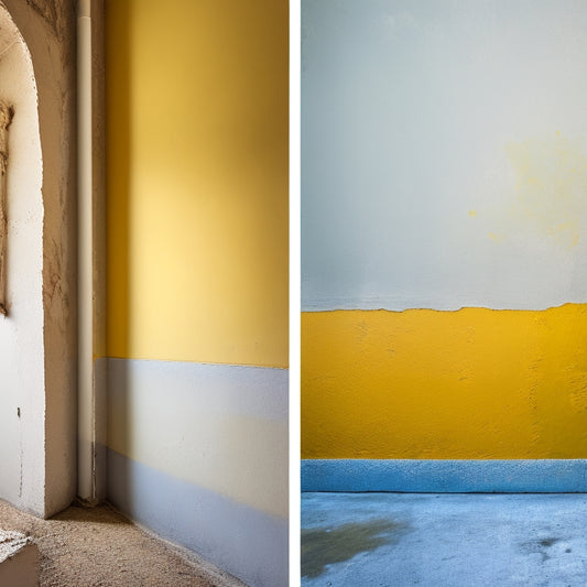 A before-and-after split-screen image: a cracked, yellowed plaster wall with peeling paint and crumbling corners on the left, and a smooth, freshly painted white wall with a subtle texture on the right.