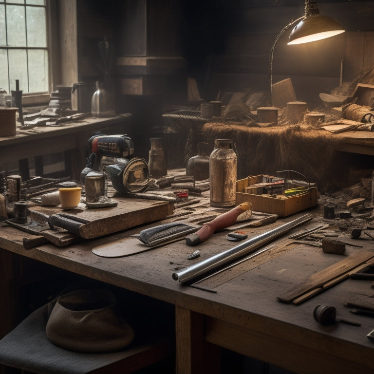 A cluttered, well-lit workshop table with a variety of finishing tools, including a cordless drill, sandpaper, a putty knife, and a level, surrounded by wooden planks and scattered renovation materials.