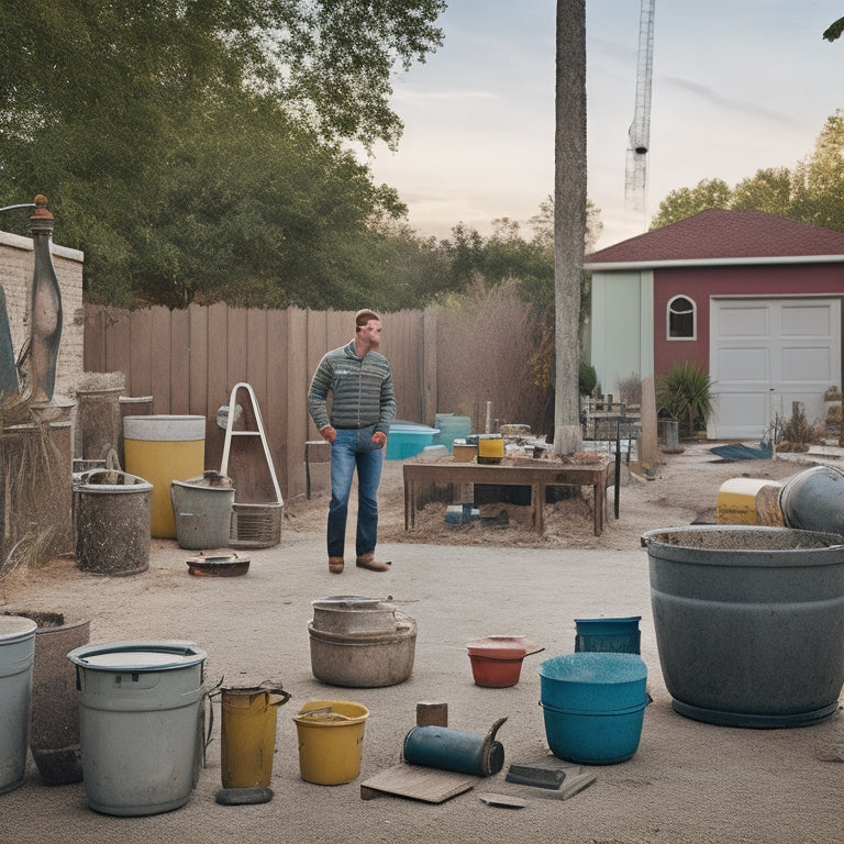 An image depicting a homeowner standing in a cluttered backyard surrounded by renovation materials, with three concrete mixers of varying sizes in the foreground, each with distinct features and accessories.