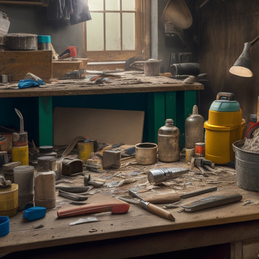 A cluttered workbench with a variety of tools scattered across it, including a putty knife, joint compound bucket, trowel, sandpaper, and a drill, surrounded by plaster dust and scraps.