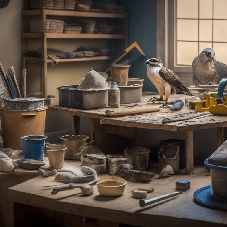 A cluttered but organized workstation with various plastering tools, including a hawk, trowel, and joint knife, surrounded by buckets of plaster, sand, and water, on a worn wooden table.