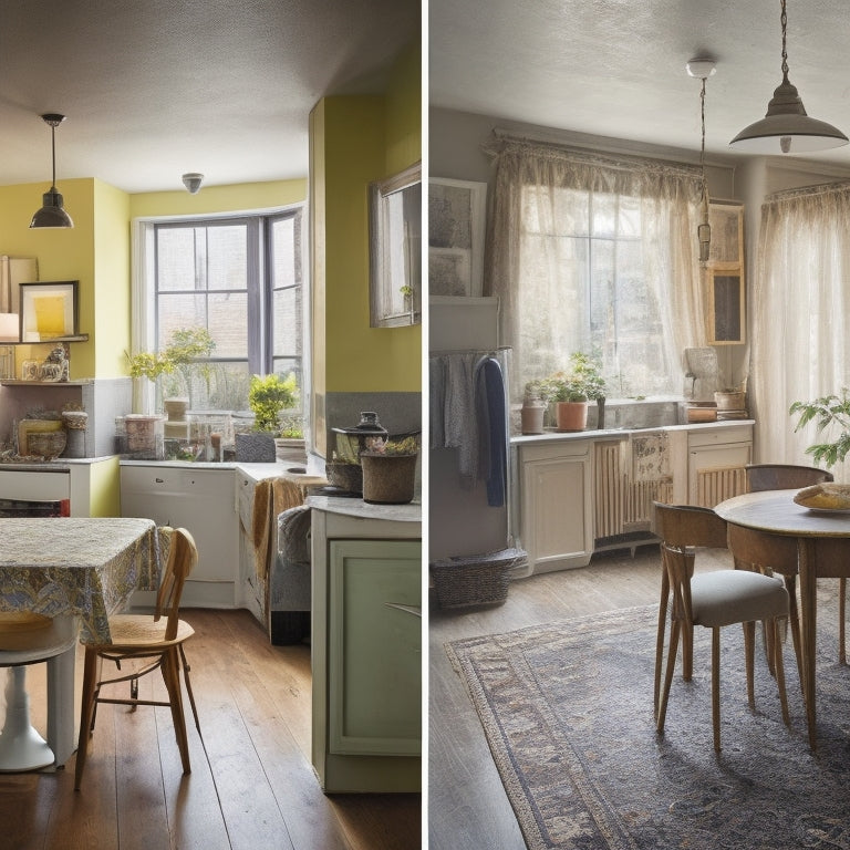 A split-screen image: a run-down, cluttered rental apartment on the left, with peeling paint, worn-out furniture, and dim lighting; on the right, a bright, renovated home with modern fixtures, sleek lines, and plenty of natural light.