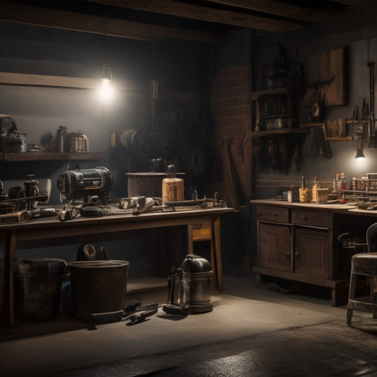 A dimly lit, industrial-style workshop with a variety of floor grinders scattered across a wooden workbench, surrounded by renovation tools and concrete dust.