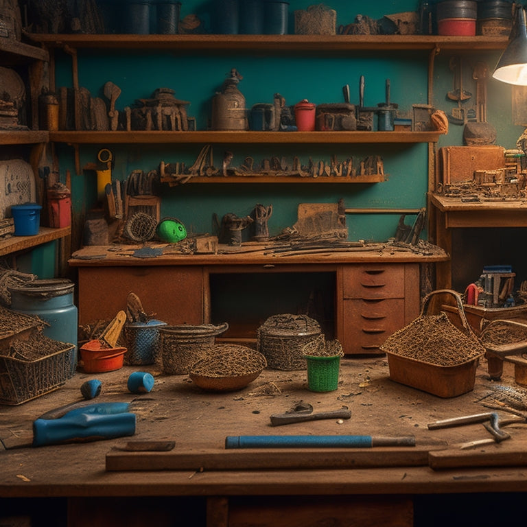 A cluttered workshop with scattered tools, contrasted with a clean and organized workspace featuring a shared toolbox with various tools labeled and arranged neatly, highlighting efficiency and collaboration.