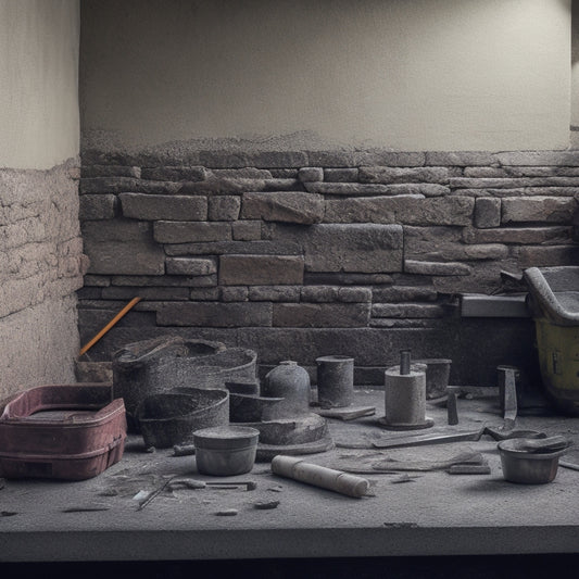 An old, worn, gray concrete block wall with visible cracks, uneven surfaces, and crumbling mortar joints, surrounded by scattered tools, levels, and renovation equipment, awaiting transformation.