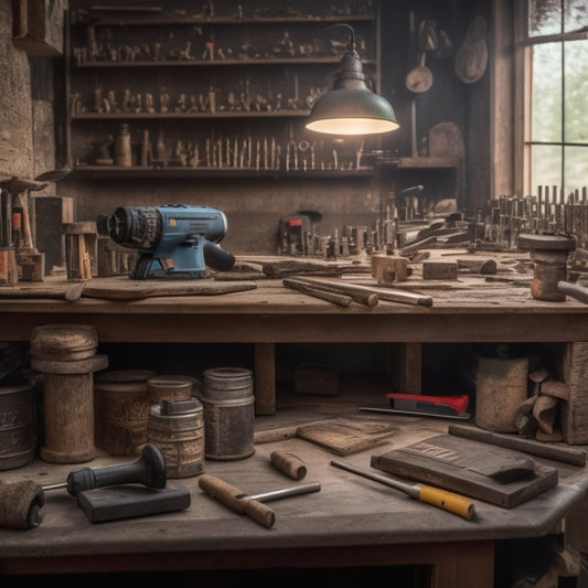 A cluttered workbench with various drill bits organized by type (twist, spade, hole saw, masonry) and size, surrounded by renovation tools and materials like hammers, levels, and wooden planks.