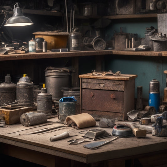 A cluttered workbench with various polishing tools, including a rotary polisher, orbital sander, and wire brush, surrounded by renovation materials like sandpaper, rags, and metal scraps.