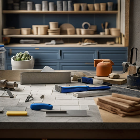 An organized workshop with a slab saw, tile nippers, notched trowel, grout float, and level on a workbench, surrounded by tiles, grout, and renovation materials, with a blurred background of a construction site.