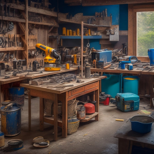 A cluttered workshop with various DIY tools scattered around, including a cordless drill, impact driver, circular saw, and tile cutter, surrounded by renovation materials like plywood, pipes, and paint cans.