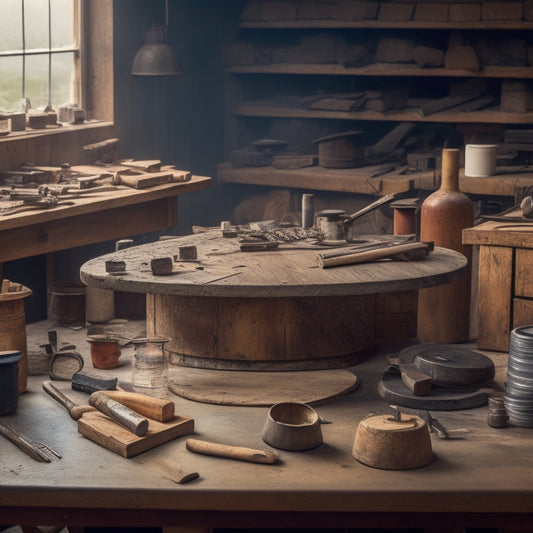 A neatly organized workshop table with various chisel types and sizes arranged in a circular pattern, surrounded by wooden planks, hammers, and a faint background of renovation tools.