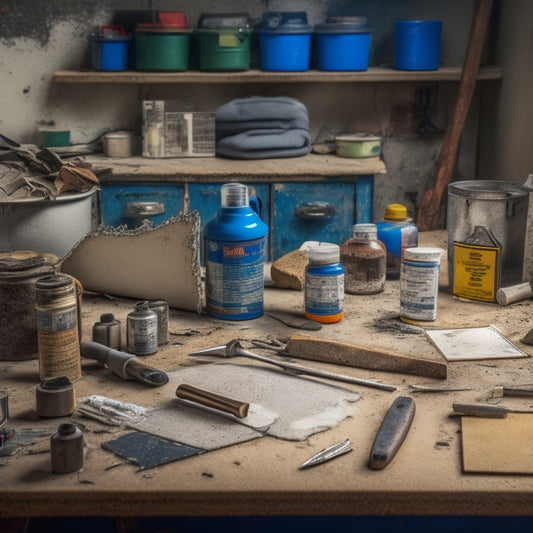 A cluttered workshop table with various crack repair tools, including a caulk gun, putty knife, patching tape, and safety goggles, surrounded by cracked concrete and drywall samples.