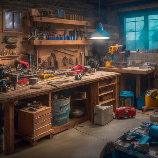 A cluttered basement renovation scene with a workbench, scattered power tools, and building materials, featuring a prominent circular saw, drill press, and impact driver amidst chaos.