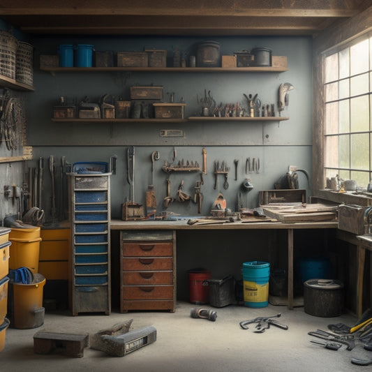 A tidy workshop with a pegboard, labeled bins, and a toolbox filled with neatly arranged wrenches, hammers, and screwdrivers, surrounded by a partially renovated room with exposed walls and flooring.