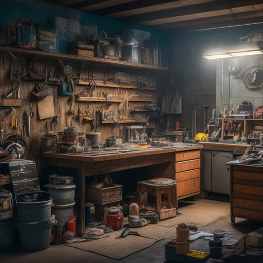 A cluttered, dimly lit garage filled with tools and renovation materials, with a few scattered rental equipment catalogs and a "for sale" sign on the workbench, surrounded by chaos.