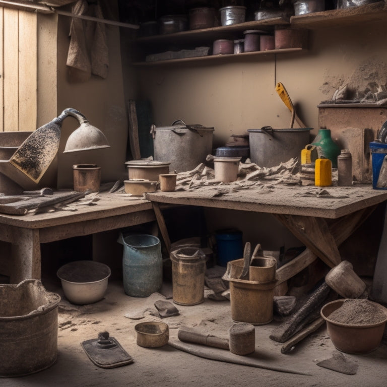 A cluttered workbench with a variety of plastering tools, including a hawk, trowel, joint knife, and level, surrounded by buckets of plaster, sand, and water, with a partially plastered wall in the background.