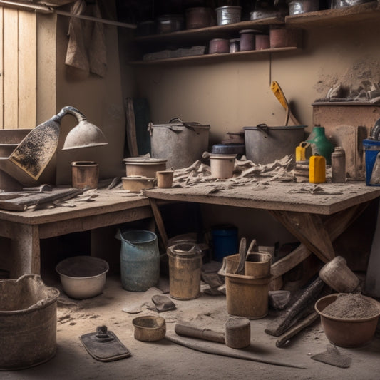 A cluttered workbench with a variety of plastering tools, including a hawk, trowel, joint knife, and level, surrounded by buckets of plaster, sand, and water, with a partially plastered wall in the background.